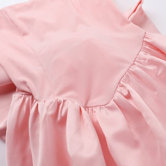 Romantic Pink Satin Bubble Hem Mini Dress - Strapless Bow Back Party Gown - Picture 6 of 9